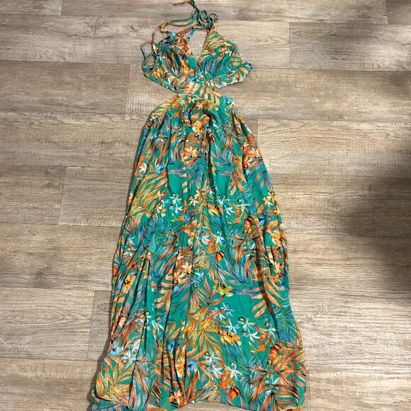 Shein Plunging Neck Crisscross Tie Back Split Tropical Print Maxi Dress - Medium - Picture 1 of 5